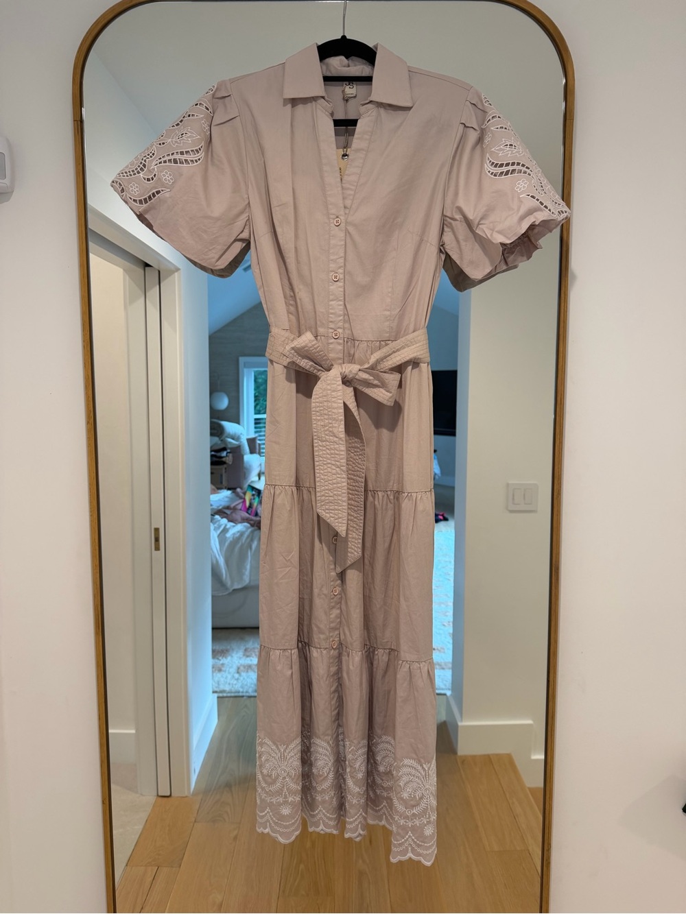 NWT 100% cotton Button-Front Maxi Dress with Eyelet Trim - Taupe Small